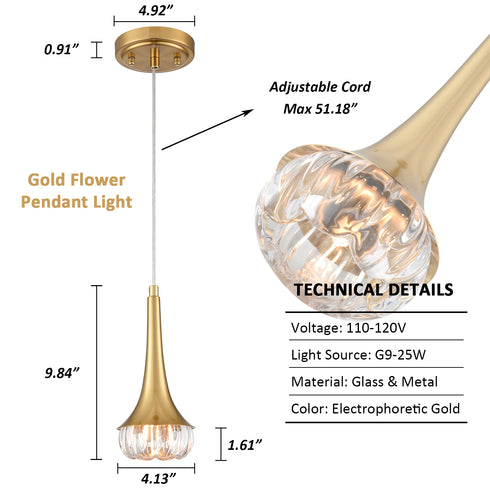 Modern Flower Crystal Pendant Light Fixture G9 Gold Pendant Light Kitchen Island